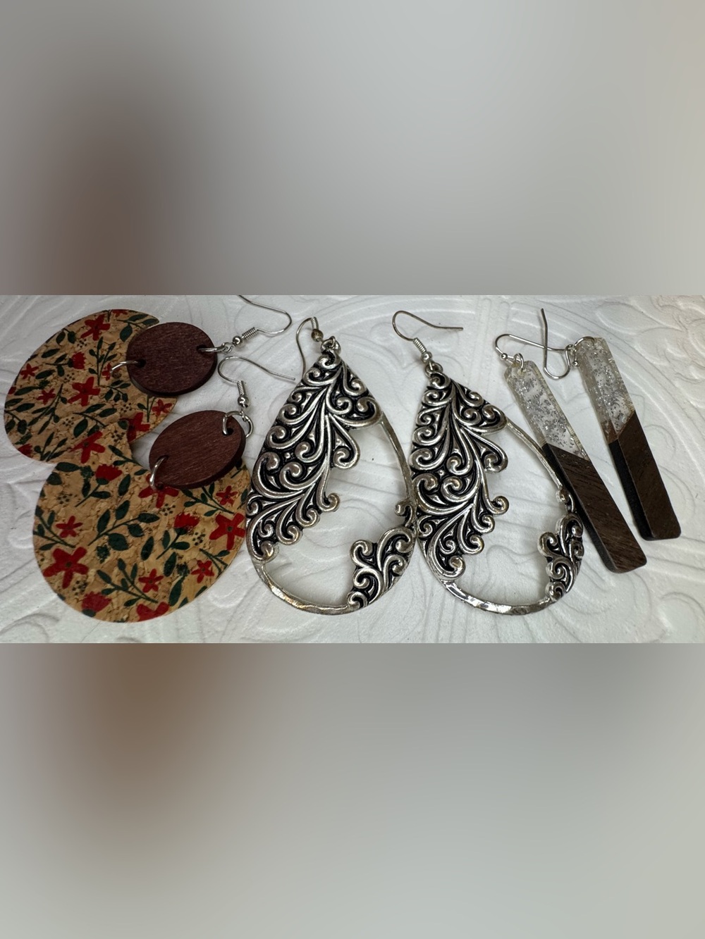 Set Of 3 Statement Earrings. Some Glitter, Wood And Flowers